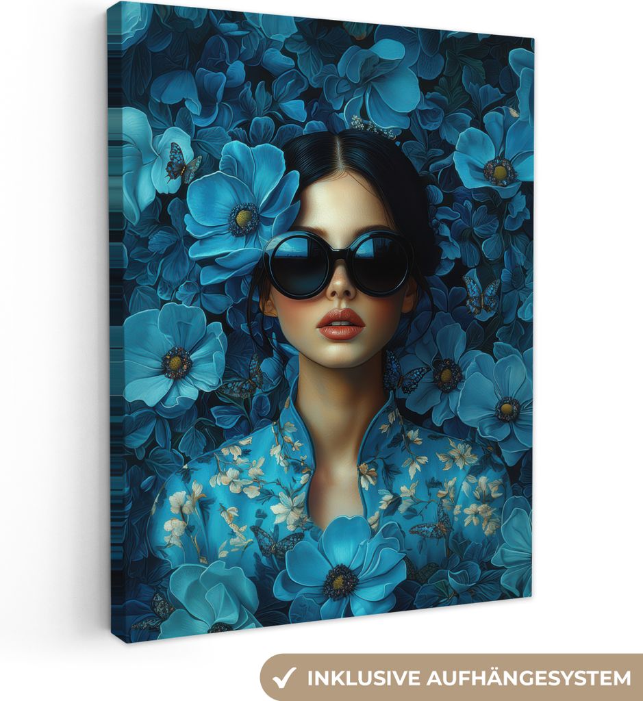 Leinwand Bilder 60x80 cm - Frauen, Abstrakt - Schmetterlinge - Blumen - Blau, Wandbilder, Wanddeko Wohnzimmer, Bild