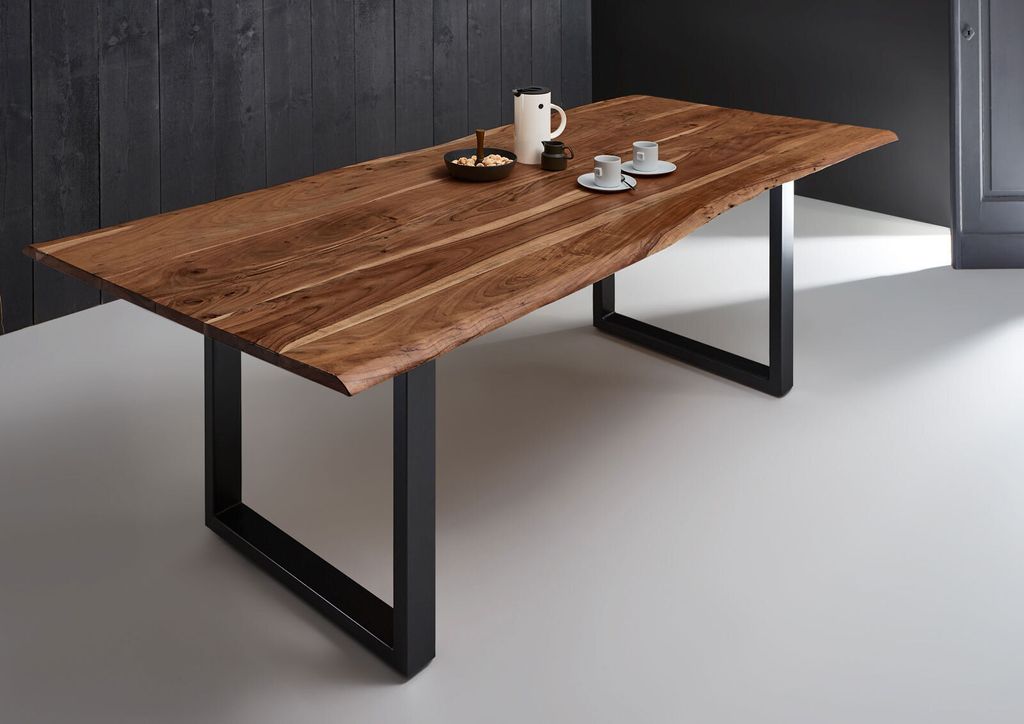 Esstisch Baumkante massiv Akazie nussbaum 240 x 100 U-Gestell schwarz MILO