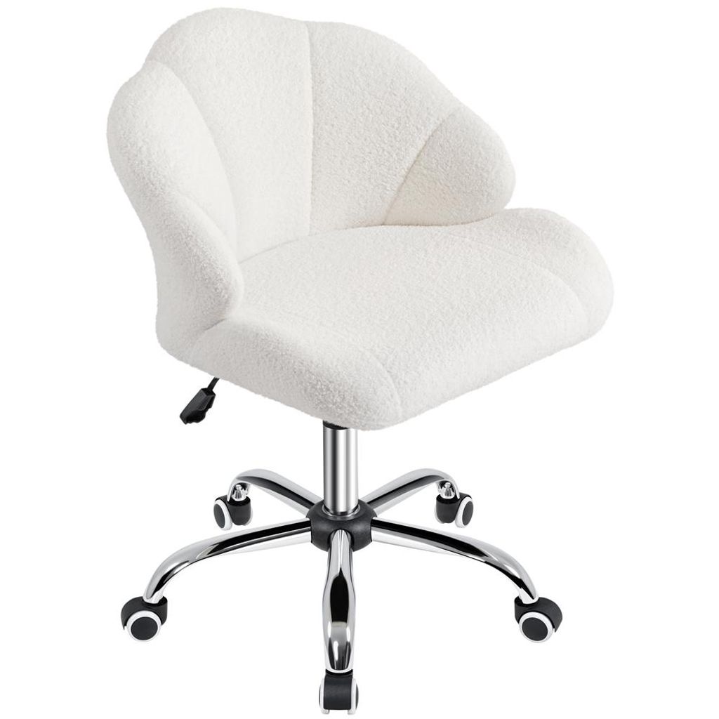 A white, fluffy office chair with a shell-shaped backrest and a chrome base with wheels, isolated on a white background.