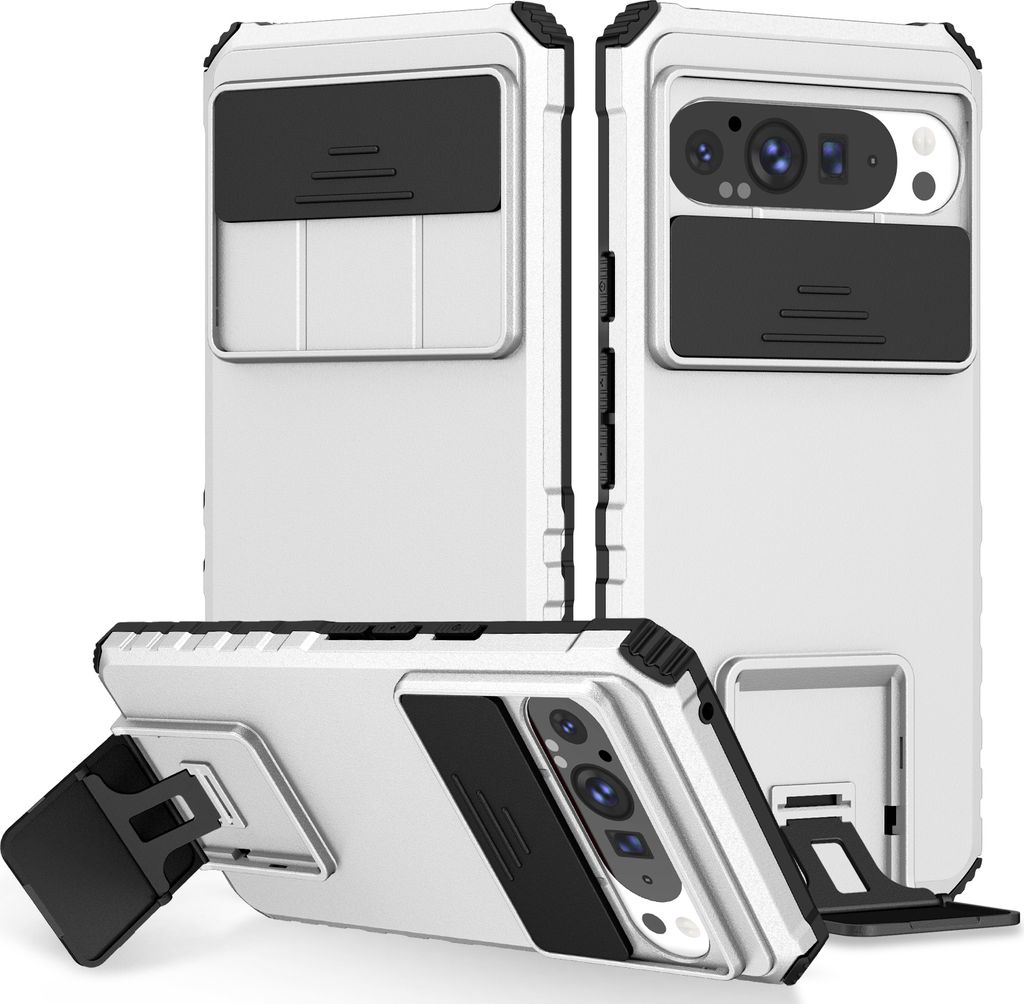 Dual Layer Hülle für Google Pixel 9 Pro XL Stossfest Robust Ständer Schutzhülle mit Schiebe Kamera Schutz Weiß