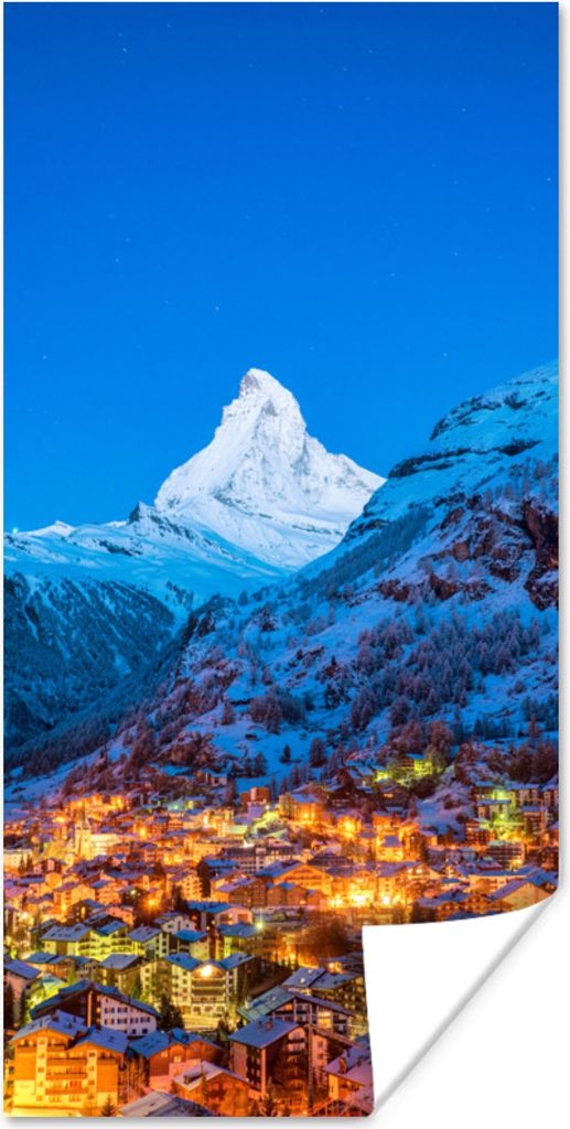 MuchoWow Poster Bergdorf an einem verschneiten Berg in der Schweiz 75x150 cm - Dekoration für die Wände