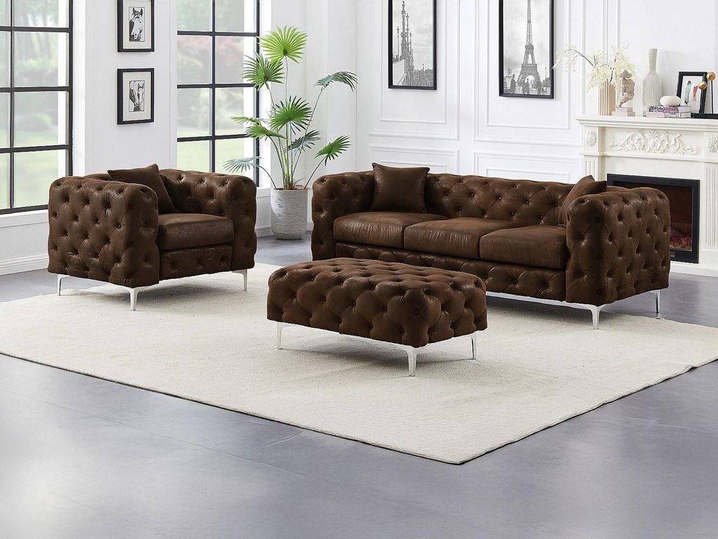3-Sitzer-Sofa, Sessel und Chesterfield-Pouffe aus Mikrofaser mit gealterter Lederoptik - EDWINA