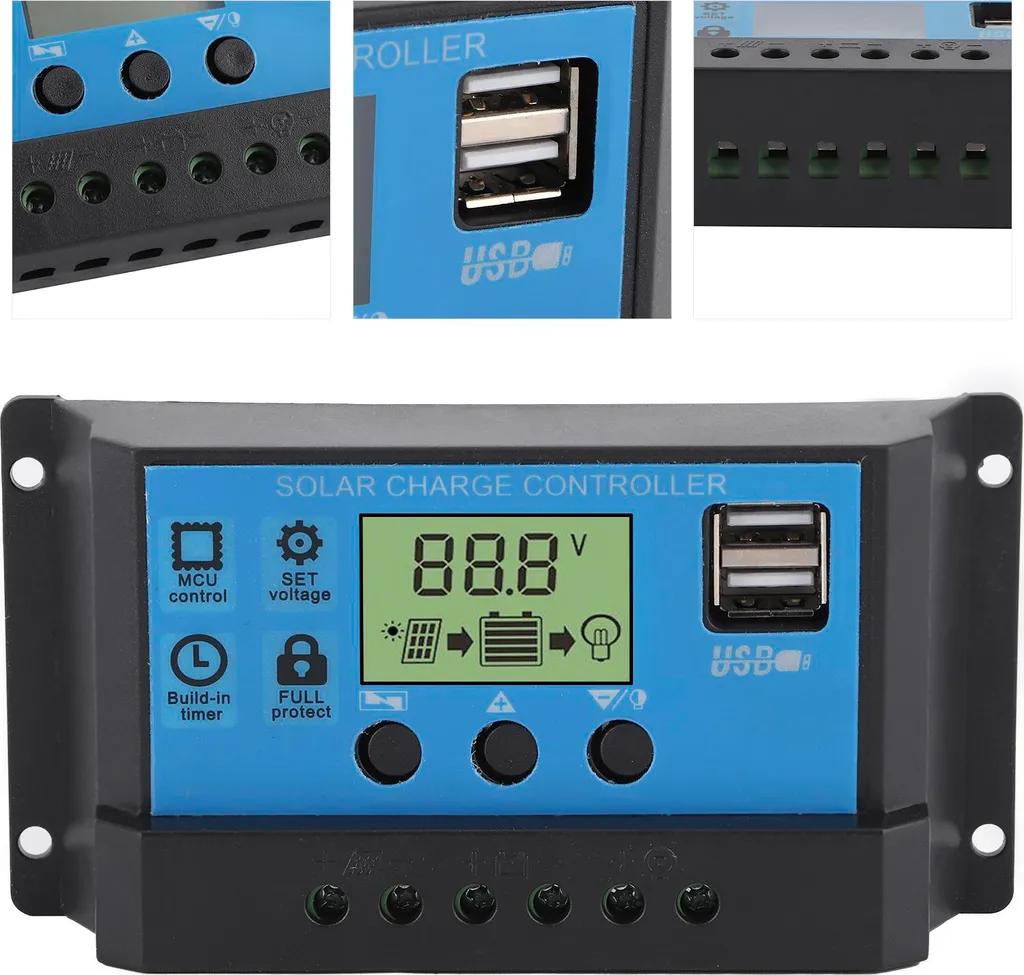 Regolatore Pannello Solare 10A USB per Camper e Nautica LCD 12V