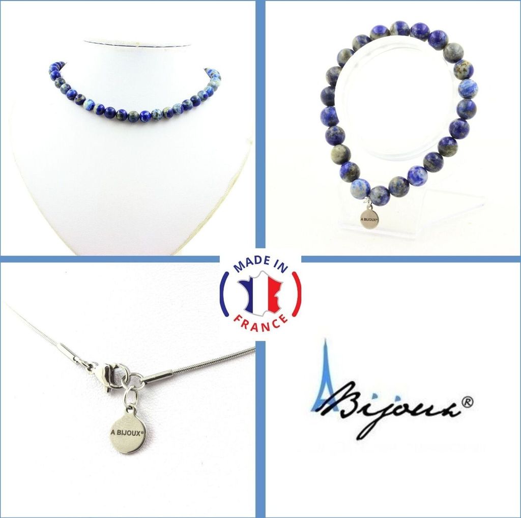 Schmuckset Armband Halskette Lapislazuli-Perlen aus Pakistan Qualität 5A 8 mm Edelstahlkette