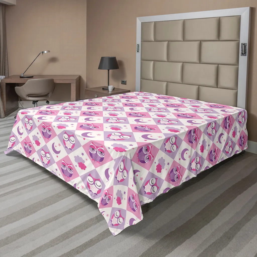 Drap de Lit Supérieur Doux Motif Hiboux et Étoiles pour Décoration Rose