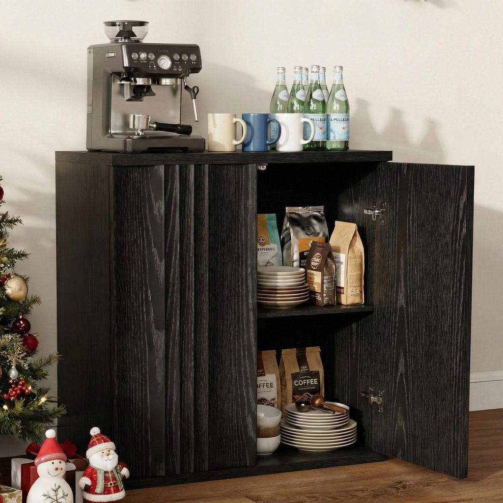 LVSOMT Modernes schwarzes Sideboard aus Holz mit 2 dekorativen Wellentüren, 85 cm hoher Buffetschrank mit viel Stauraum für Wohnzimmer und Essber...