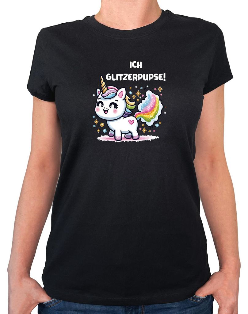 Huuraa Damen T-Shirt Ich Glitzerpupse Einhorn XS Black Bio Baumwolle Fairtrade Damenshirt Geschenkidee
