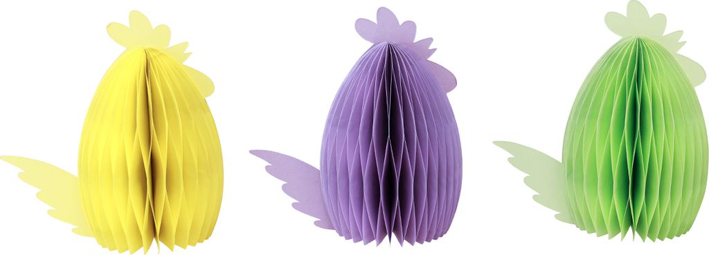 Osterdekoration Hühner Wabendesign Papier-Tischdeko Gelb Grün Lila Set 3St