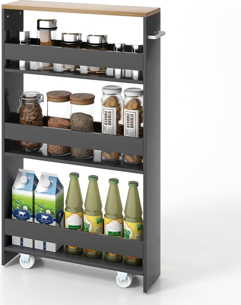 A narrow, multi-tiered storage cart filled with various food items and bottles, placed on a white background.