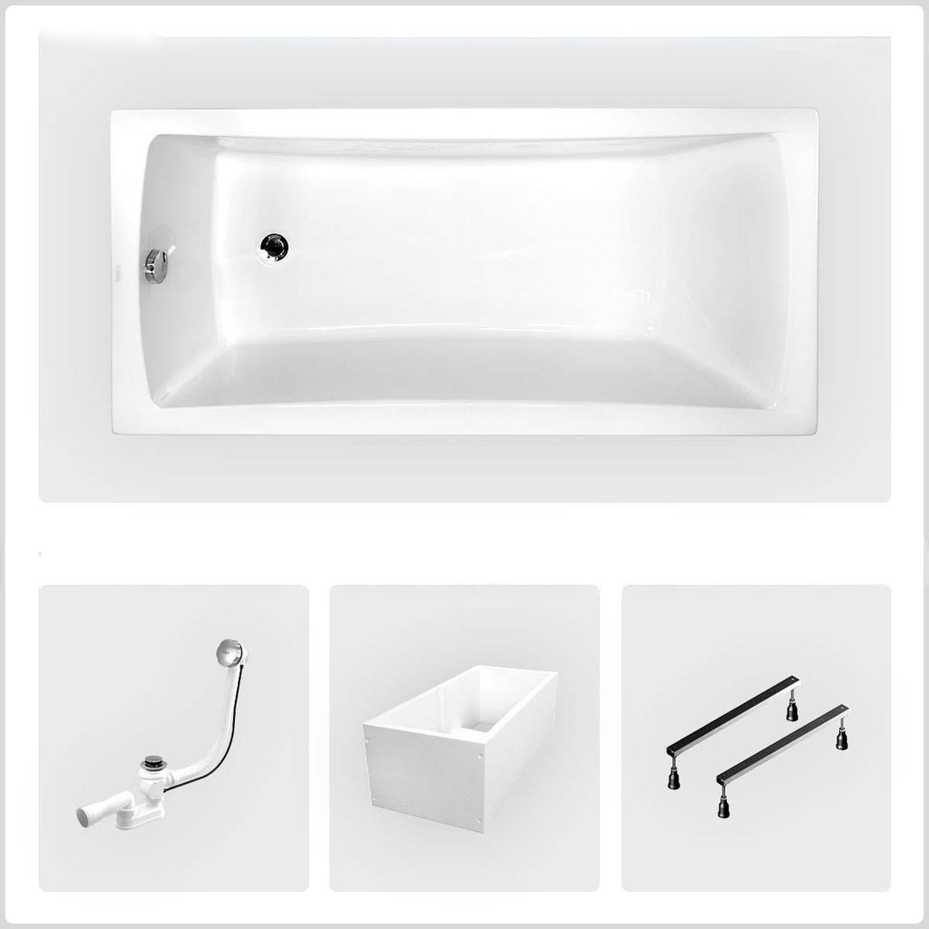 Rechteckige Badewanne - 150 x 70 cm - mit Polystyrol-Verkleidung - Füße - Chromablauf - OPTIMA