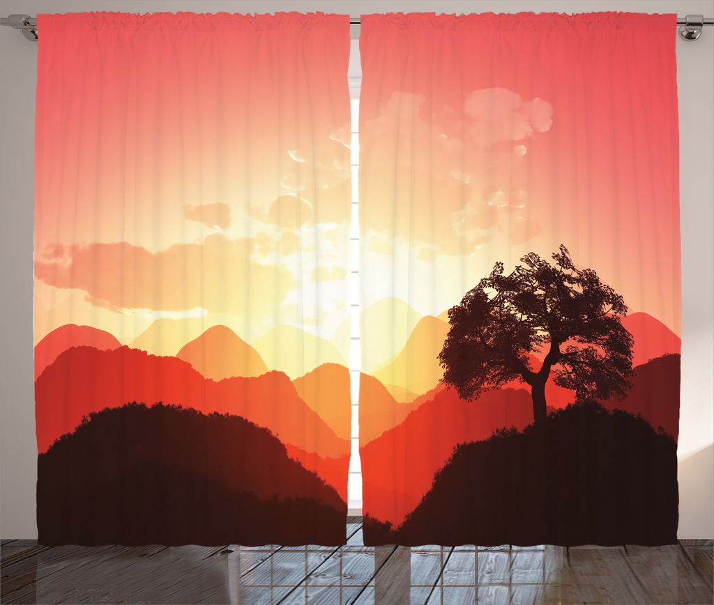 ABAKUHAUS Natur Rustikaler Gardine, Sonnenuntergang-Baum Berge, Schlafzimmer Kräuselband Vorhang mit Schlaufen und Haken, 280 x 175 cm, Coral oran...