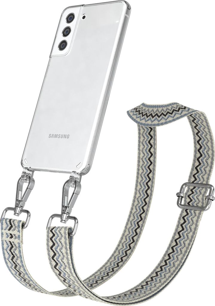 Samsung Galaxy S21 FE 5G Chain Eyelets Slim Neck Strap Set Wave Style 07 Beige/Blue 03 Metall Silver -EOL