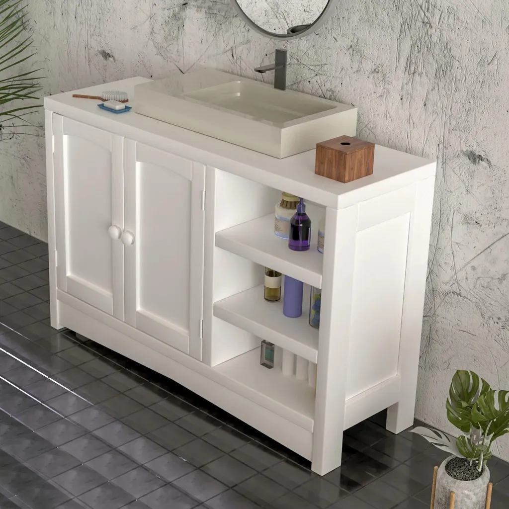 Meuble salle de bain au sol sans perçage avec plan en Solid Surface