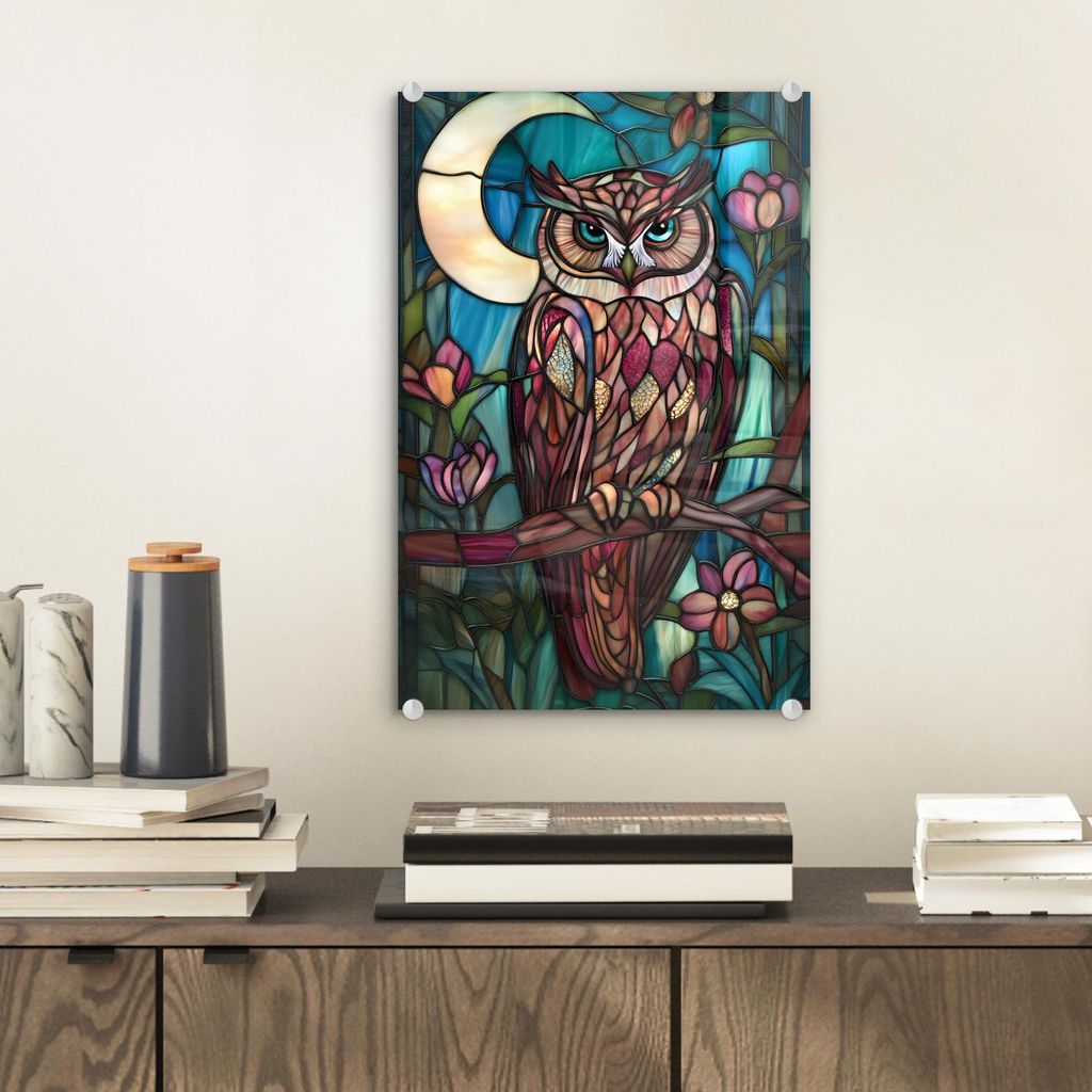 MuchoWow Glasbilder - Bilder auf Wandbild - Foto auf Glas Eule - Mosaik - Mond - Nacht 20x30 cm Wanddekoration aus Glas - Acrylglasbild - Acrylbild...