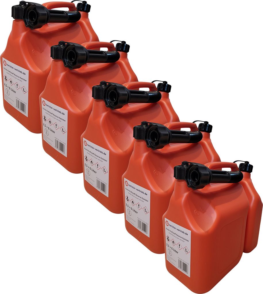 5er Set: 2,5 + 6,0 L Kombi Kanister Benzin Öl, Kraftstoffkanister, Benzinkanister Motoröl UN-Zulassung