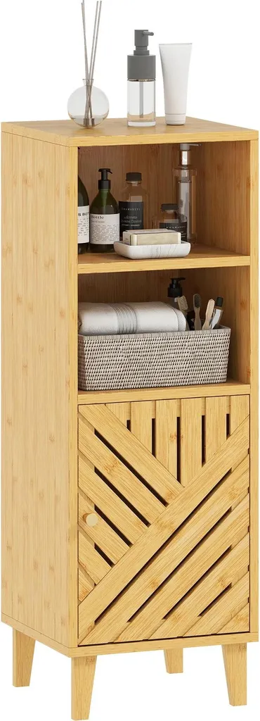 Meuble de rangement étroit en bambou et kaki avec deux niches et placard