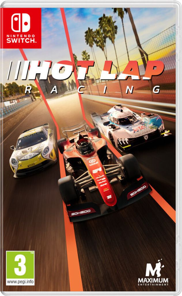 Cover art for a racing video game for the Nintendo Switch, featuring three race cars on a track.