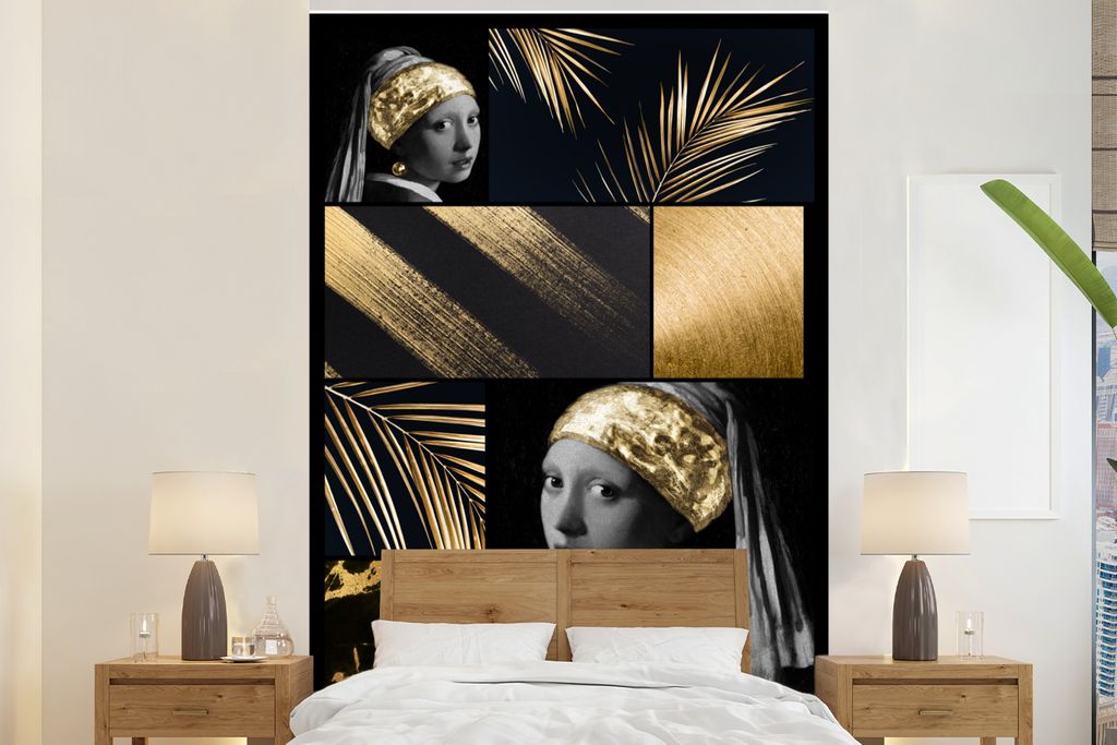 MuchoWow Fototapete für Wohnzimmer oder Schlafzimmer Wandtapete Vinyl Motivtapete Collage - Schwarz - Gold - Mädchen mit Perlenohrring - 170x26...