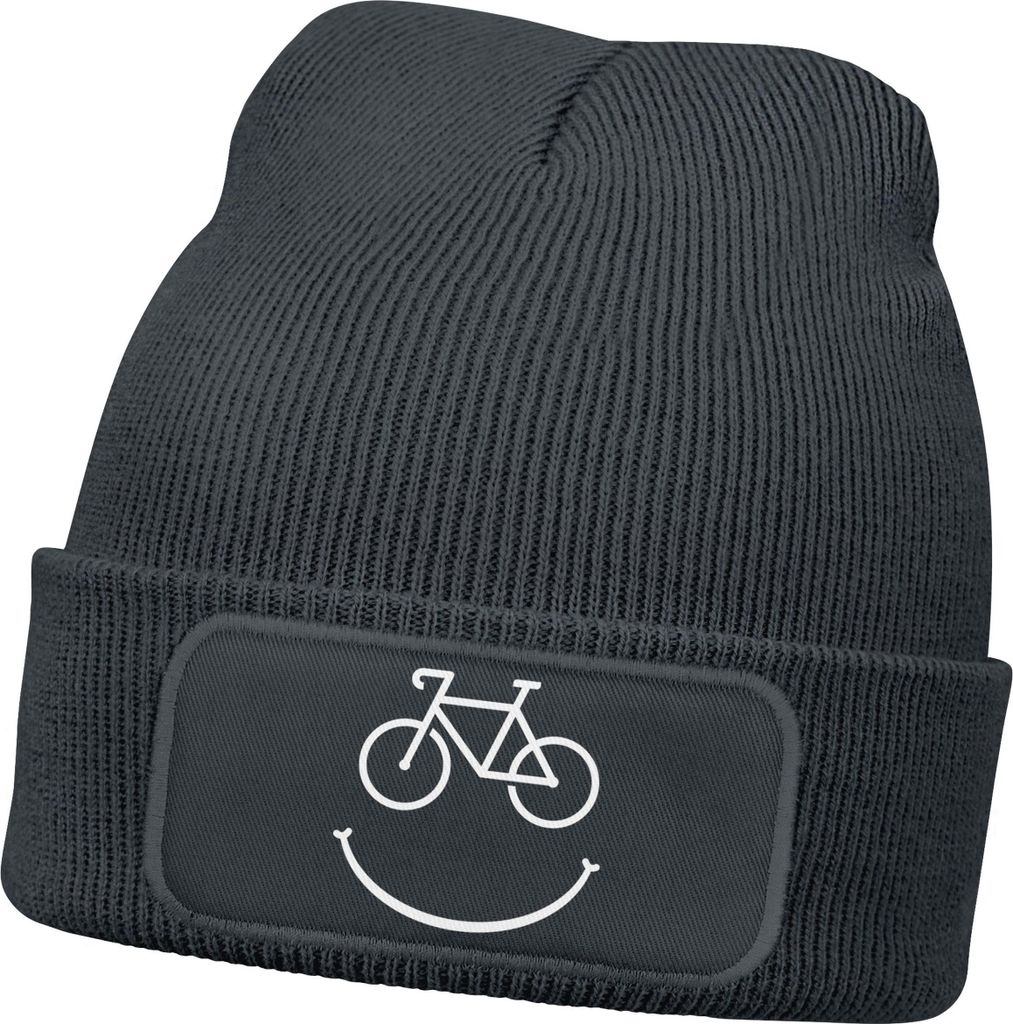 Herren Beanie mit Patch Strickmütze mit Spruch Aufdruck Fahrrad Smile Lustig Mütze Männer Moonworks