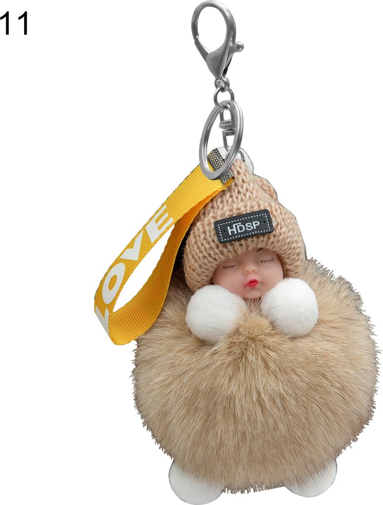Puppen-Schlüsselanhänger, flauschiges schlafendes Baby, mehrfarbige Strickmütze, tragen Sie Baby-Schlüsselanhänger für Frauen-11