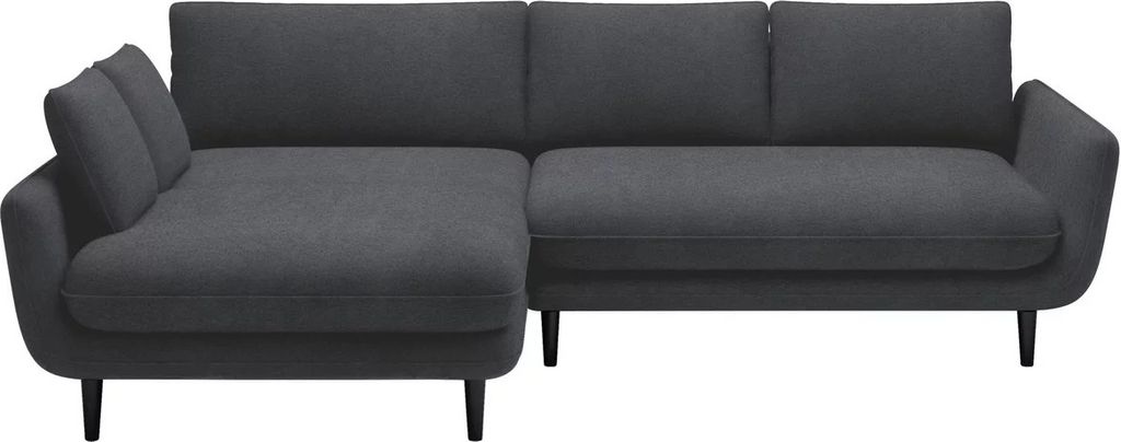 A dark gray sectional sofa is shown from the front on a white background.