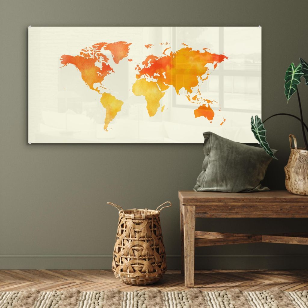 MuchoWow Glasbilder - Bilder auf Wandbild - Foto auf Glas Weltkarte - Orange - Farbenfroh 120x60 cm Wanddekoration aus Glas - Acrylglasbild - Acryl...
