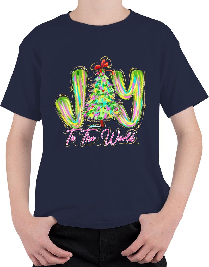 Joy To The World Christmas Tree Neon Glitter Festive Gift Holiday Uni Kinder T-Shirt, Navy, 140