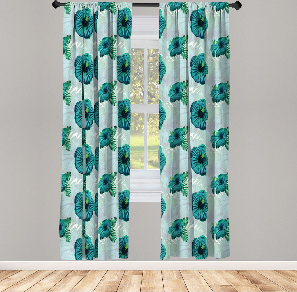 ABAKUHAUS Tropisch Vorhänge, Gardinen, Hawaiian Exotic Jungle Hibiskus-Blume, 2 Stück 75 x 245 cm, , Seafoam Teal