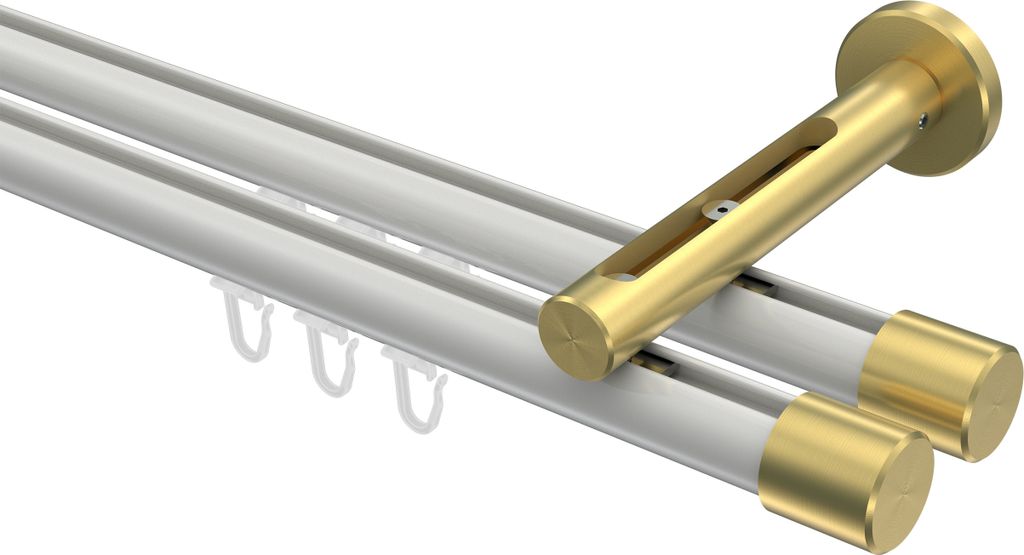 Interdeco Innenlaufstange / Gardinenstange mit Innenlauf Weiß / Messing-Optik, Typ Siteno Santo (Kappe), 20 mm Ø 2-läufig, 200 cm