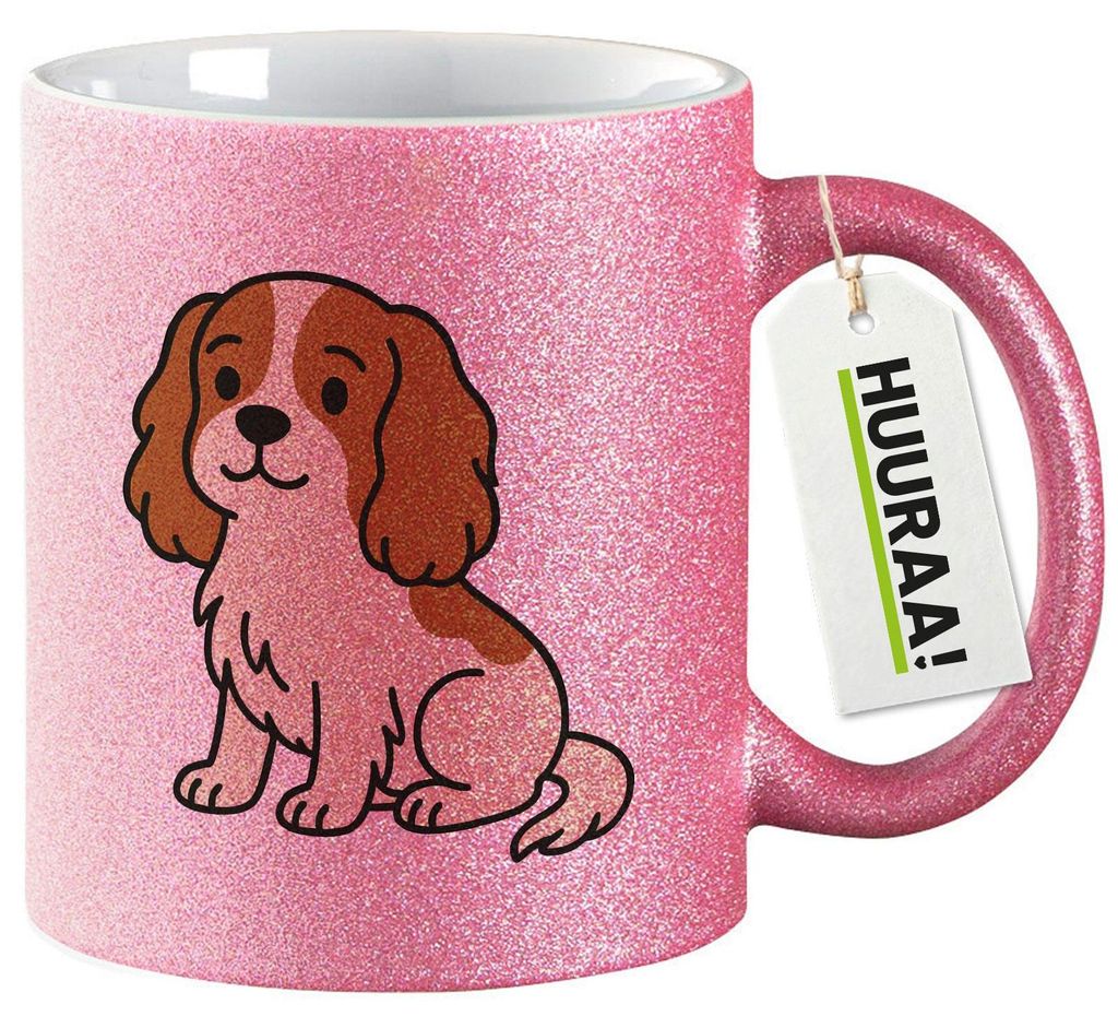 Huuraa Glitzertasse Cavalier King Charles Spaniel Cavie Comic 330ml Pink Keramik Kaffeebecher Geschenkidee