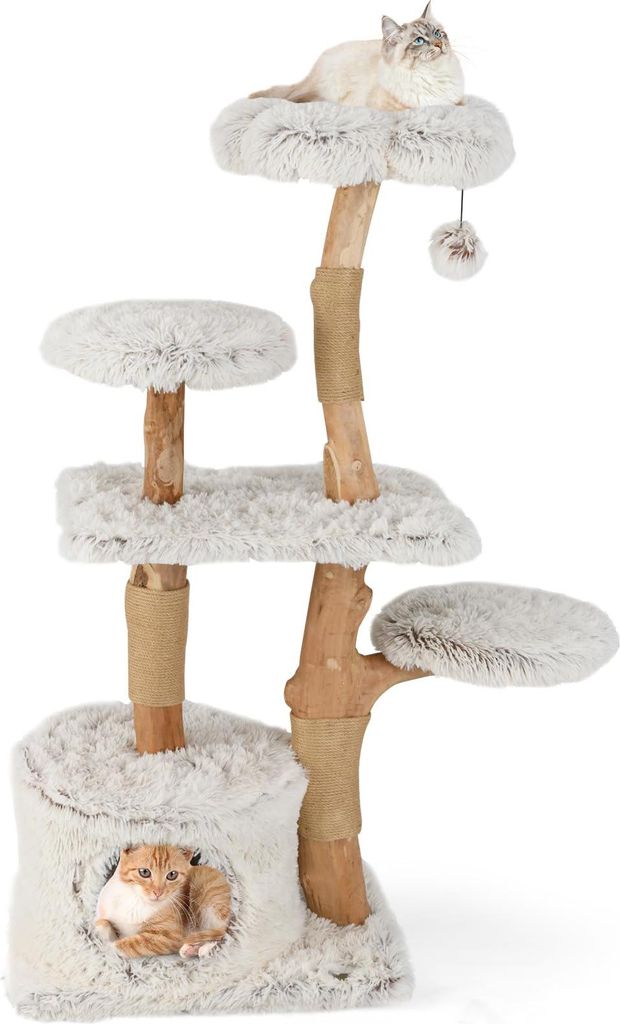 GOPLUS 135 cm mehrstöckiger Katzenbaum, Kratzbaum mit Naturholz-Stangen, Plüschplattform, Katzenhaus & hängender Kugel, Klettermöbel für Katzen