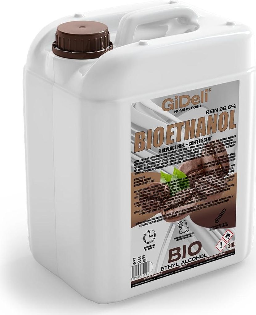 Bioethanol Kaffeeduft 96,6% 20L für Kamin Universal Rauchfrei und Rußfrei GiDeli