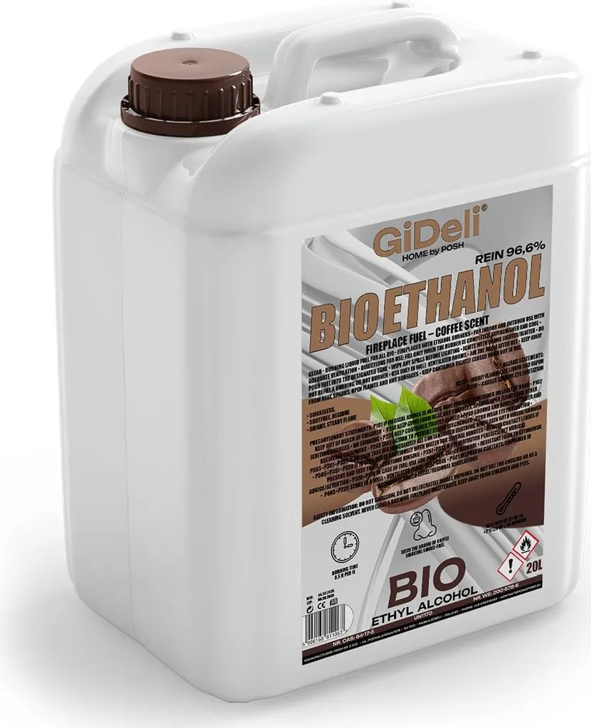 Bioetanolo profumato al caffè 96,6% 20L per caminetti universali senza fumo e senza fuliggine GiDeli