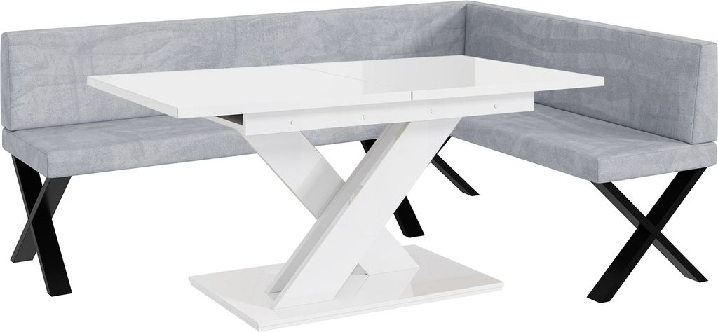 MEBLINI Eckbank für Esszimmer mit ausziehbarem Tisch - Küchenbank - Essecke - Sitzecke Küche - TONI - X-Beine 142x196x87cm Rechts - Hellgrau Sam...