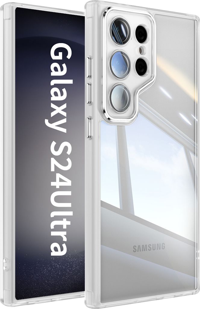 Handyhülle für Samsung Galaxy S24 Ultra Hybrid Transparent TPU PC Militärschutz mit Kameraabdeckung Weiß