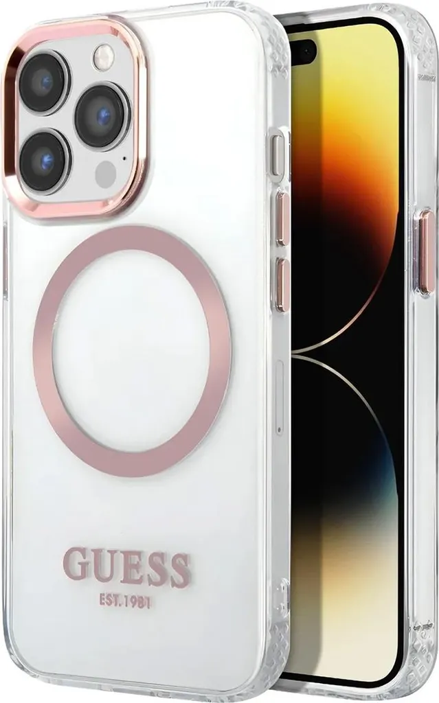 Guess, custodia Magsafe con profilo oro per Apple iPhone 14 Pro, trasparente