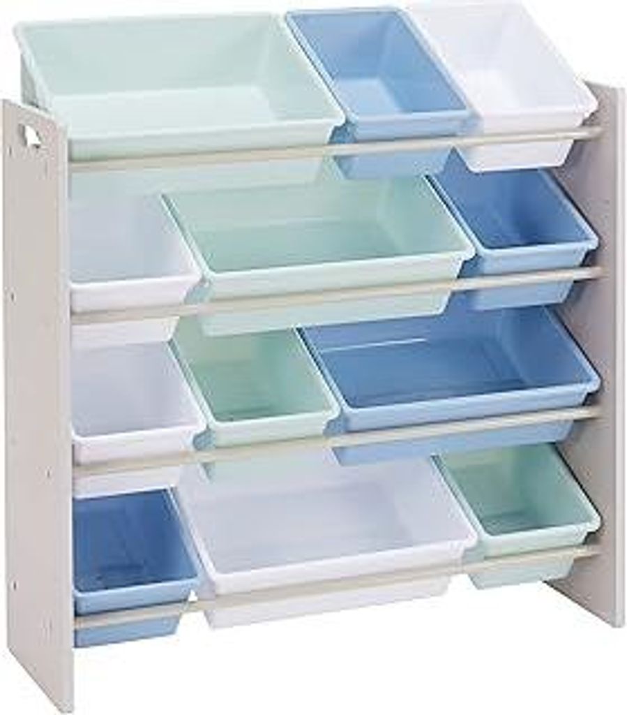 Kids Toy Storage Organizer with 12 Plastic Bins - Grey Wood with Blue Bins