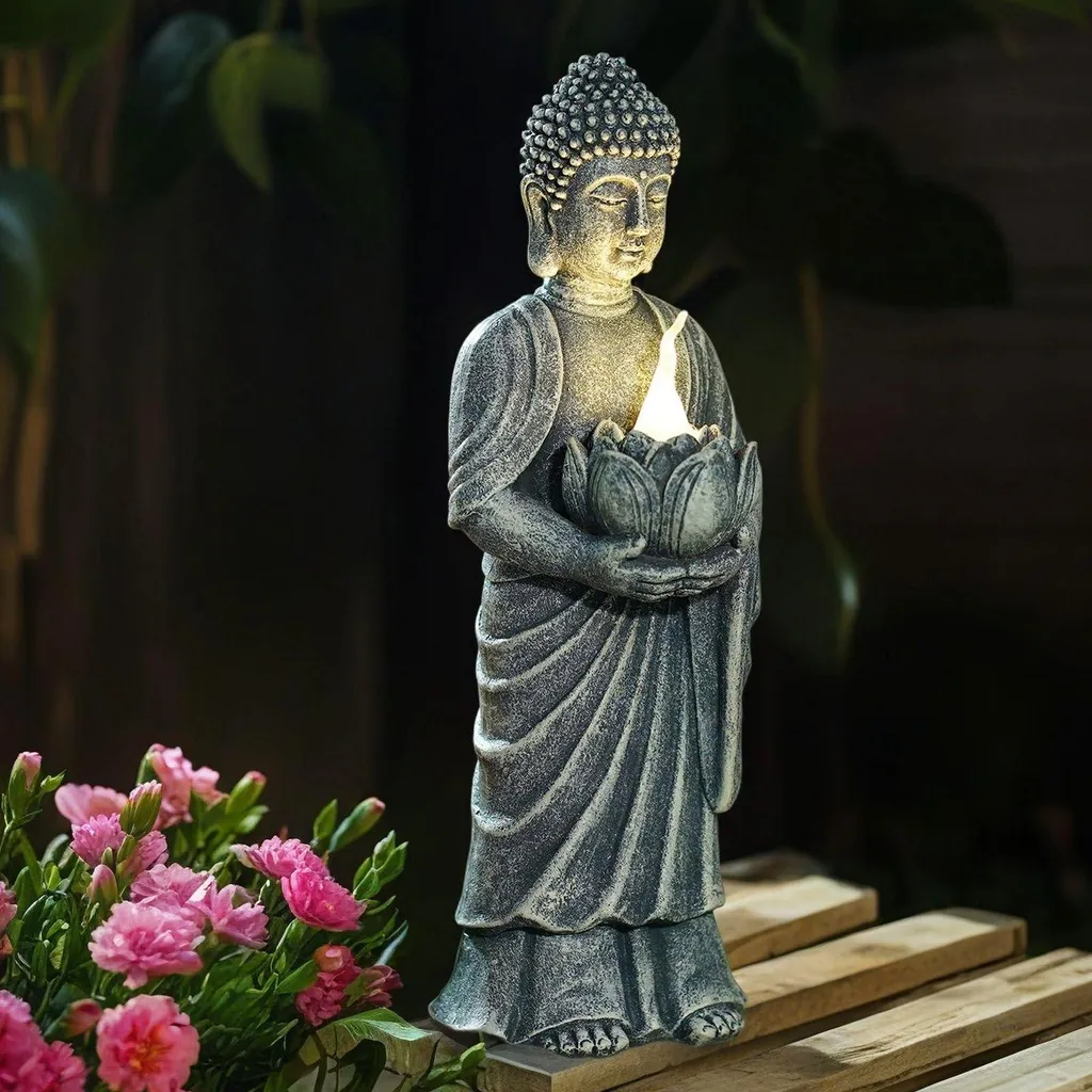 Statue de Bouddha Extérieur LED Solaire 28cm en résine effet Pierre