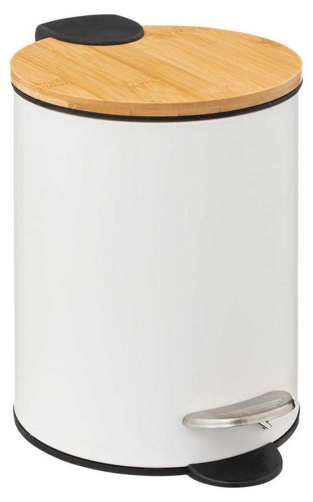 A white pedal bin with a bamboo lid and a silver pedal.