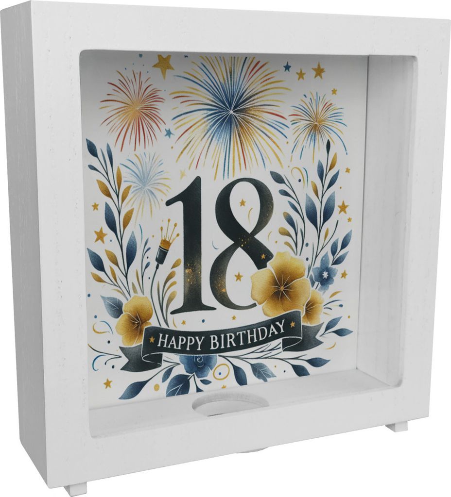 18. Geburtstag Rahmen Spardose aus Holz mit Spruch Happy Produktbild 