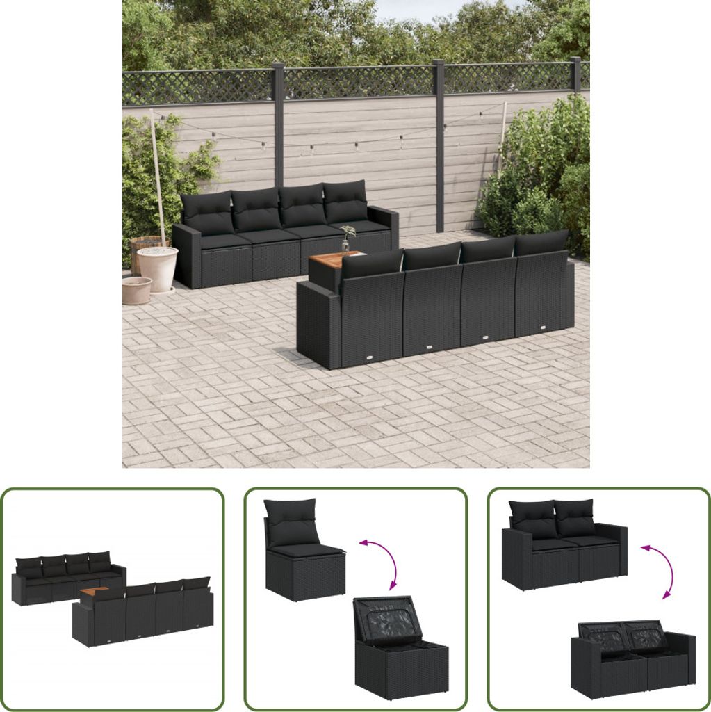 The Living Store 9-tlg. Garten-Sofagarnitur mit Kissen Schwarz Poly Rattan
