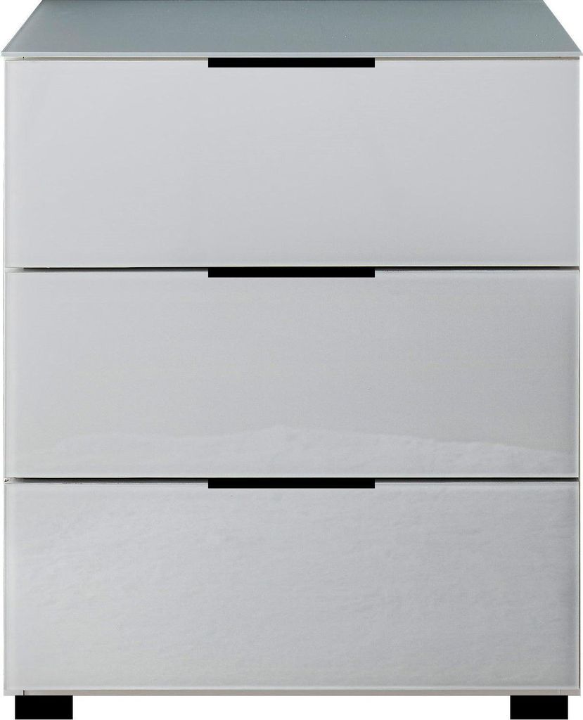 Nachtkommode OSHAWA für Schlafzimmer, Weiß, aus Melamin und Weißglas, mit 3 Schubkästen
