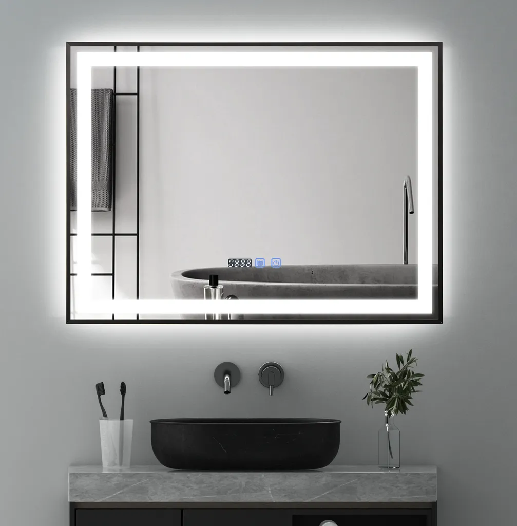 Grand Miroir de Salle de Bain LED Rectangulaire 80x60 cm Châssis Noir