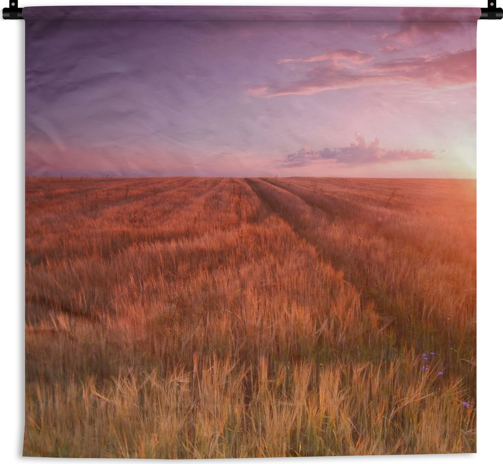 MuchoWow Wandteppich Wandbehang Wiese - Sonne - Abend - Landschaft 120x120 cm Tapisserie Dekoration Wandtuch - Modern - Baumwollgewebe