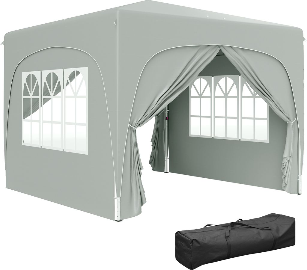 A light gray pop-up gazebo with windows and curtains is shown, along with a black carrying bag.