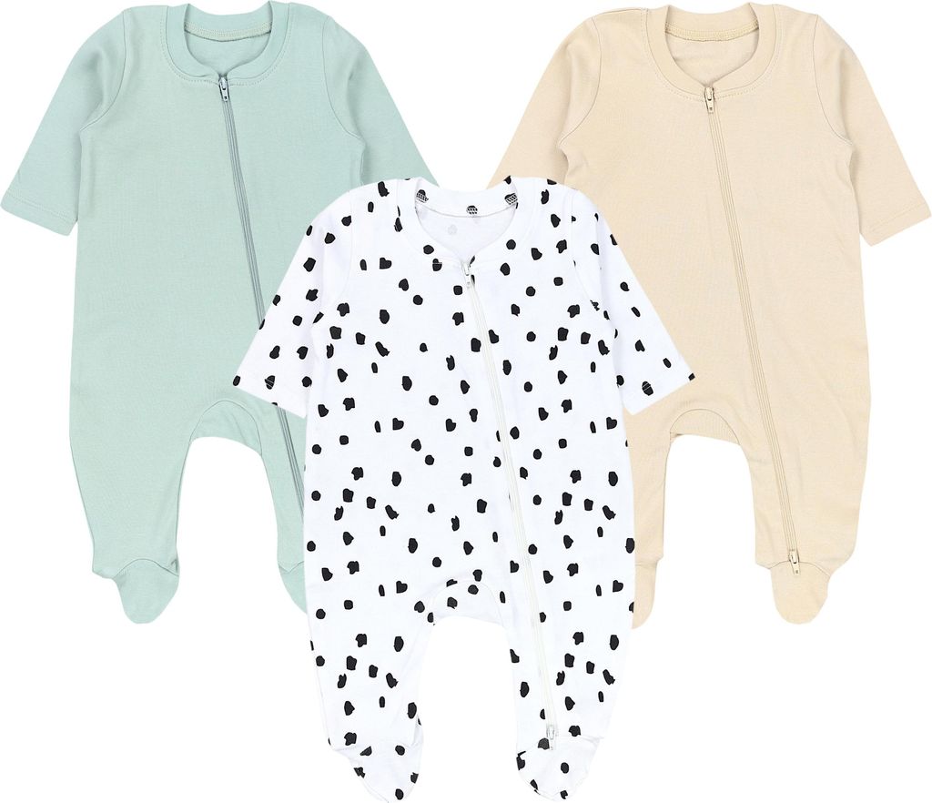 TupTam Baby Unisex Schlafstrampler Mädchen Schlafanzug mit Fuß Jungen Spieler 3er Pack, Farbe: Punkte/Salbeigrün, Größe: 56