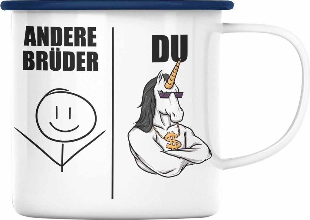 Trendation - Bruder Geschenk Emaille Tasse Spruch Bester Bruder Geschenkidee von Schwester für Brüder (Blau)