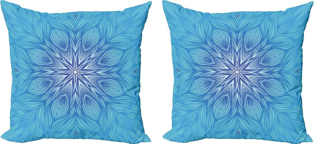 ABAKUHAUS Blauer Mandala Kissenbezug Set (2Stück), Psychedelische Muster im abstrakten Stil mit Curly Linien und Wellen, 40 x 40 cm, Weiß Aqua Blau