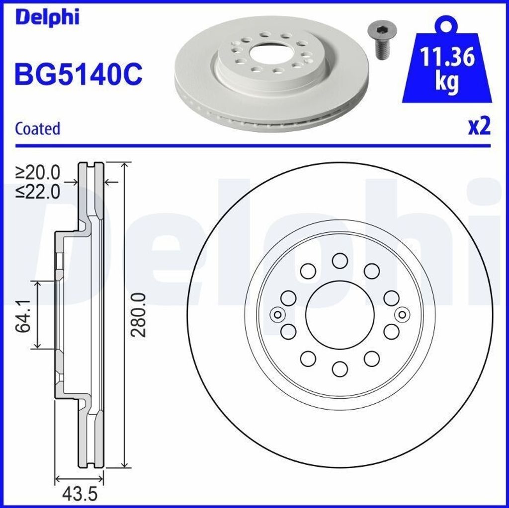 2x DELPHI Bremsscheibe BG5140C für MG ZS SUV 43 5mm 280mm