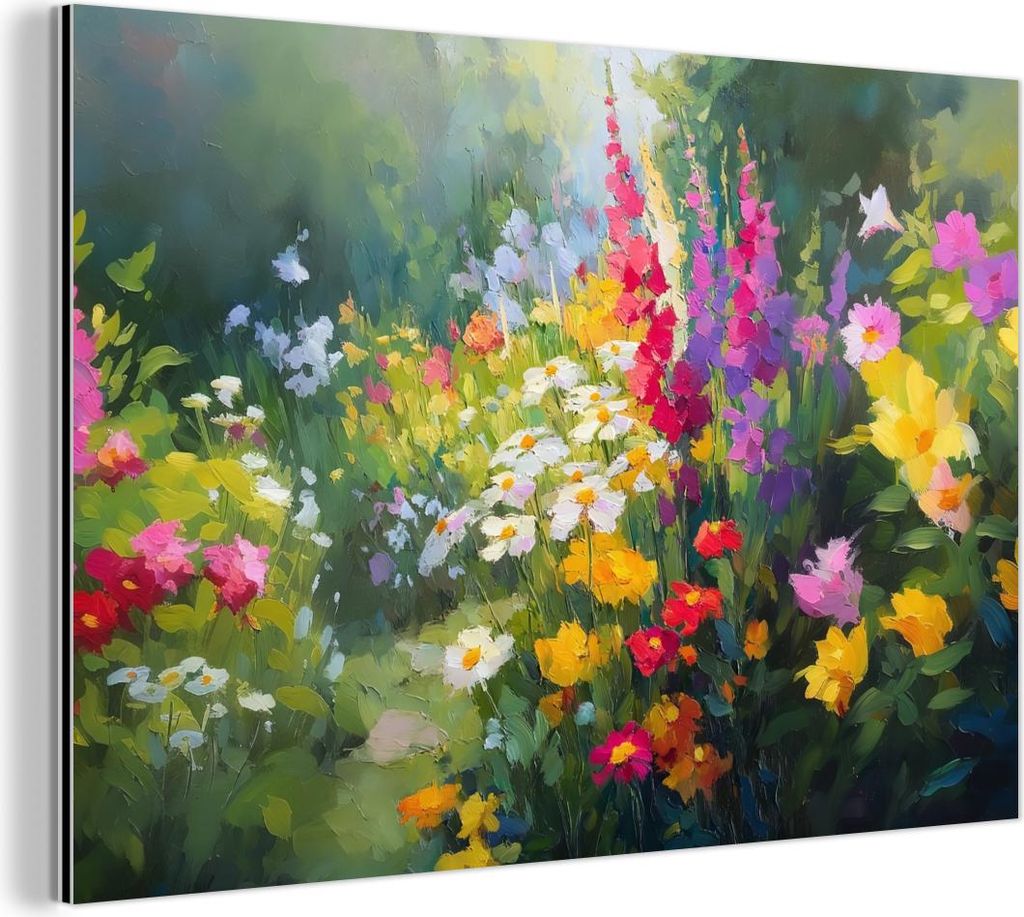 MuchoWow Wanddekoration Metall Metallbild Wandkunst 90x60 cm Sommergarten - Atmosphärisch - Blumen MuchoWow Aluminium Gemälde - Wandbilder